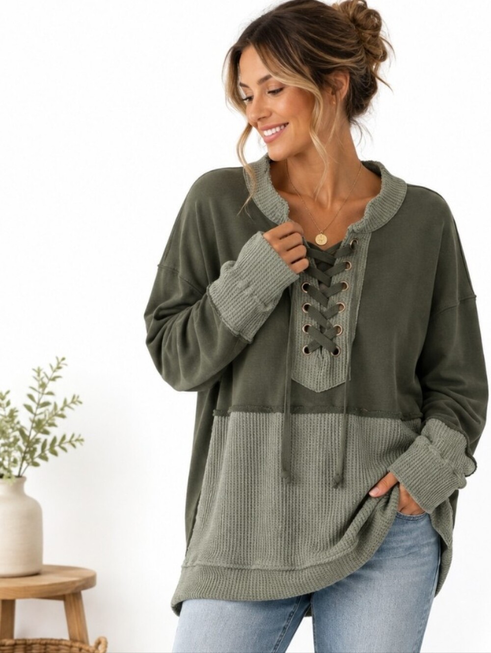 BKE XXL Olive Lace Up Mixed Media Waffle Knit Pullover Boho